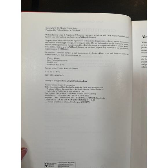Chemerinsky Constitutional Law Casebook 5th Edition (2017) Aspen Series Like New - Picture 5 of 9